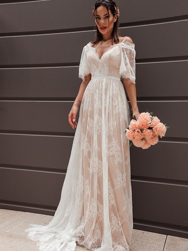Wholesale A-Line/Princess Short Sleeves Lace V-neck Sash/Ribbon/Belt Sweep/Brush Train Wedding Dresses